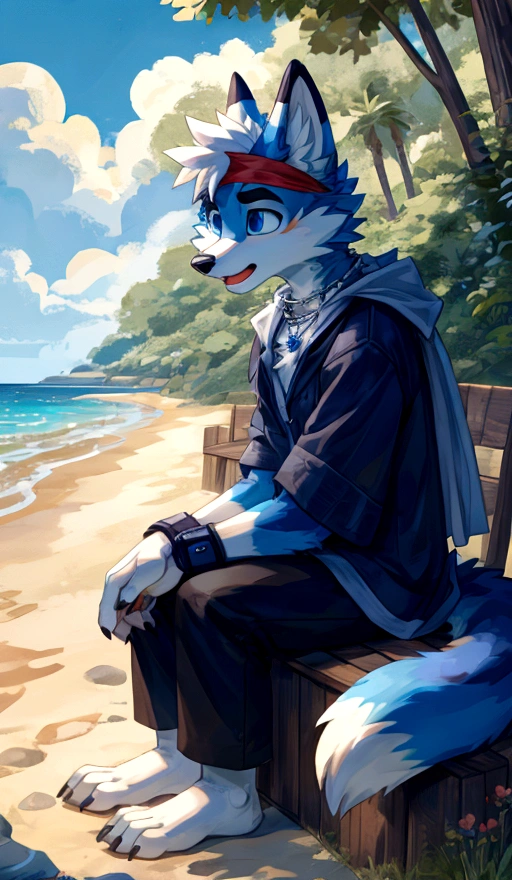 anger,solo,freshmen,young people,white hair, nipples,fox, blue eyes, masterpiece, bright blue fur, clean face, (blue necklace), thick eyebrows, detailed eyes, anthro, claw, (white headband),white hands,white feet,white cape,outdoor,open mouth,side view,wrist guard,seaside,white loincloth,trees,full body,sit