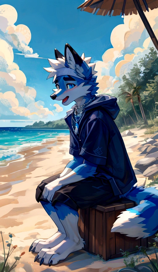 teenanger,solo,freshmen,young people,white hair, nipples,fox, blue eyes, masterpiece, bright blue fur, clean face, (blue necklace), thick eyebrows, detailed eyes, anthro, claw, (white headband),white hands,white feet,white cape,outdoor,open mouth,side view,wrist guard,seaside,white loincloth,trees,full body,sit