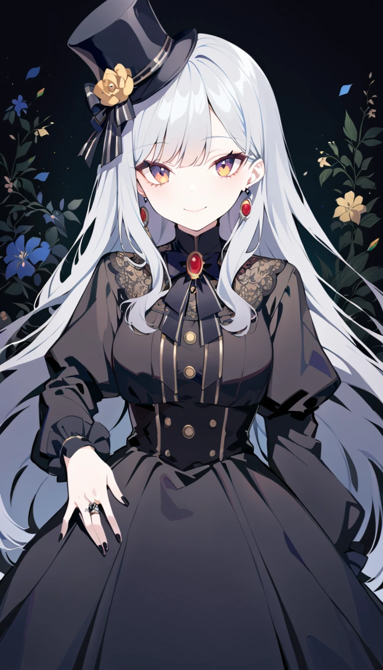 an anime girl with a very old fashioned top hat and long gray hair, 1girl, solo, hat, jewelry, looking at viewer, ring, black nails, long hair, dress, smile, grey hair, nail polish, black dress, flower, earrings, black headwear