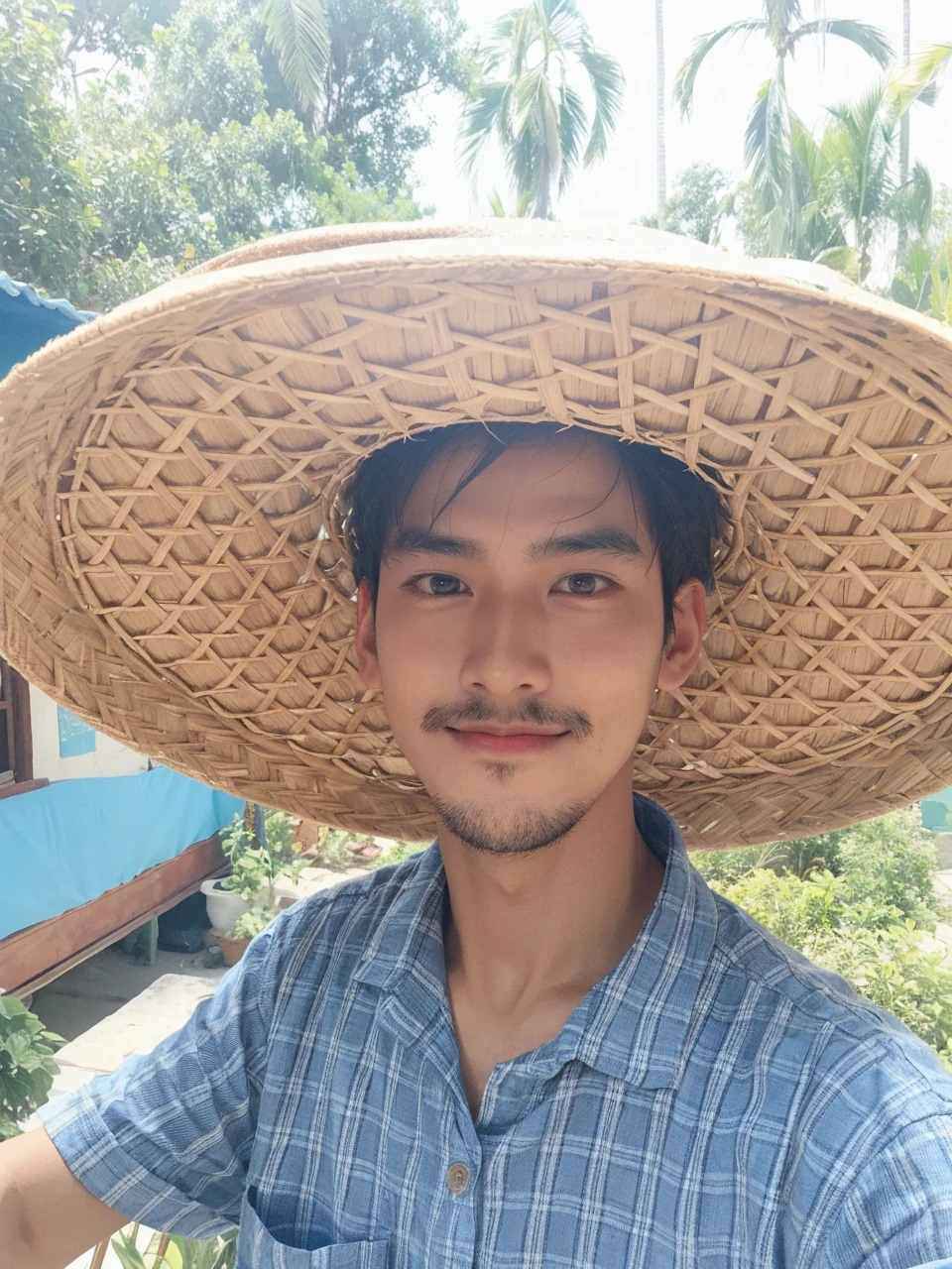 Village asian boy with a straw hat fair face and without beard 