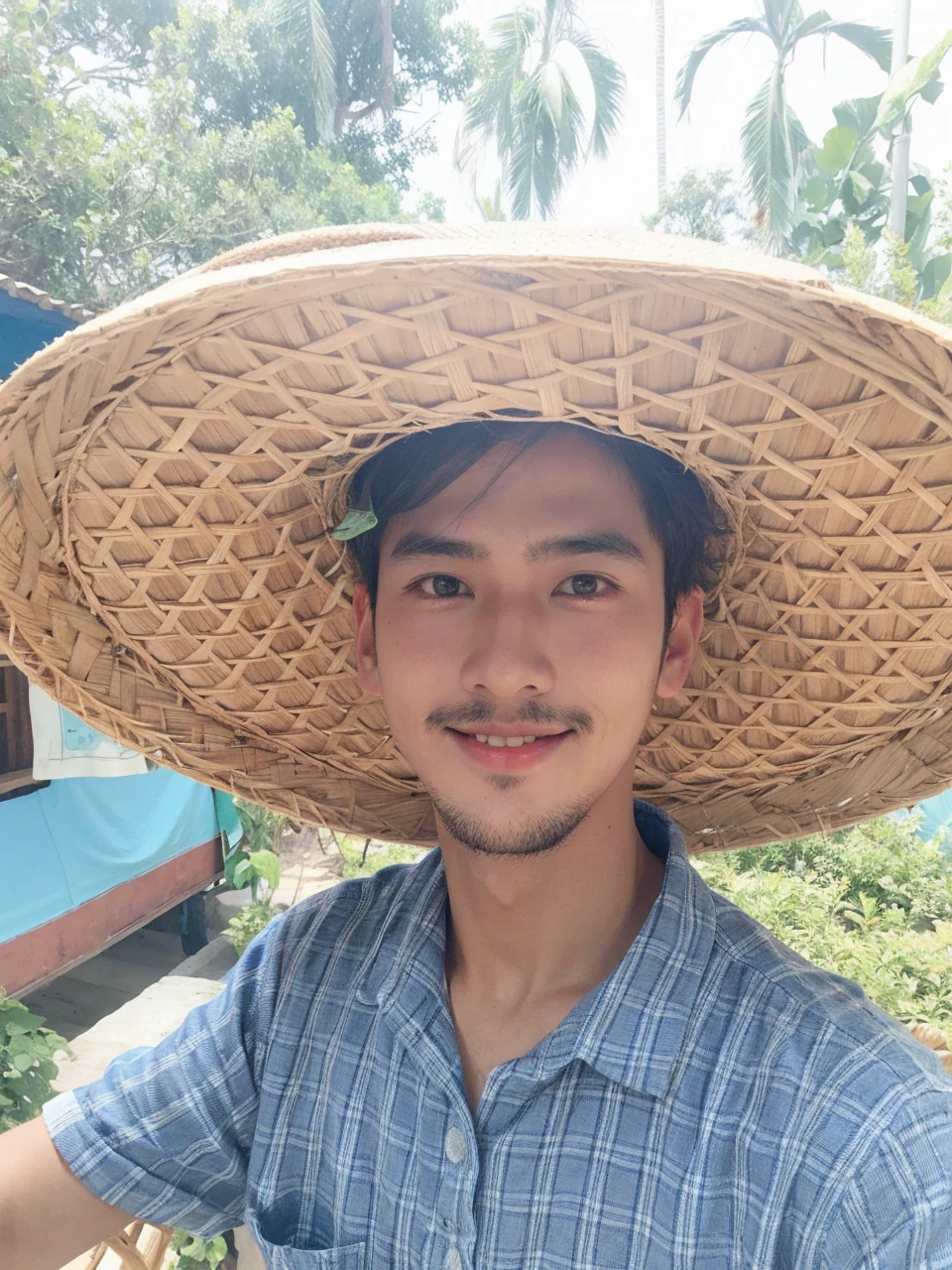 Village asian boy with a straw hat fair face and without beard 