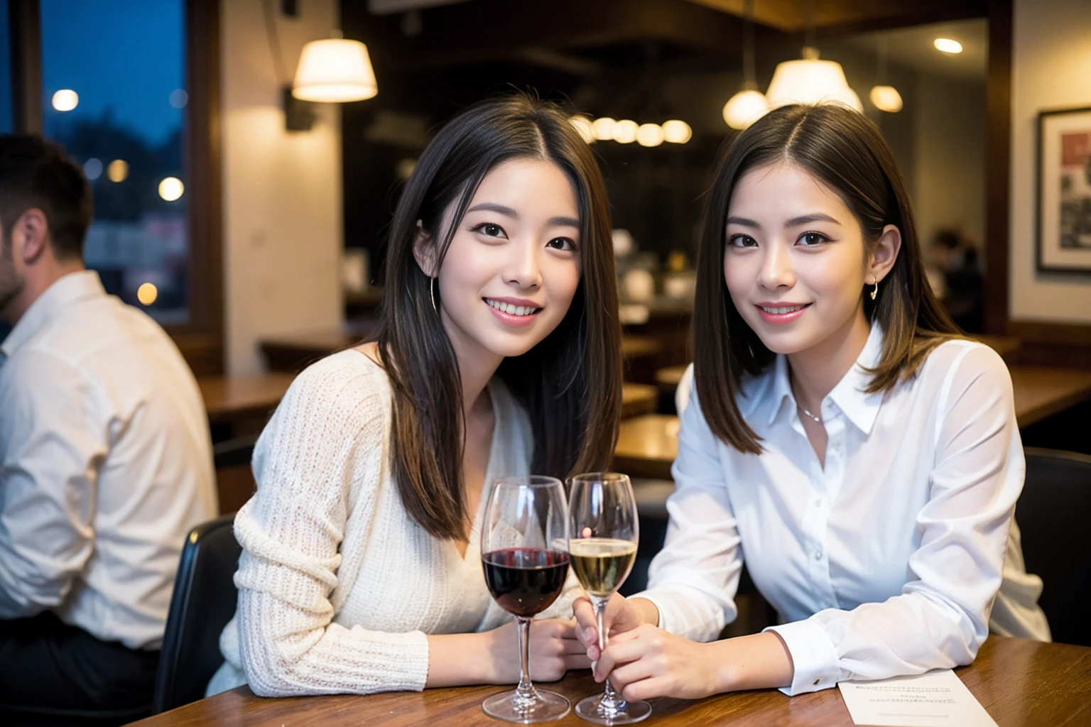 ((Highest quality、、masterpiece:1.3))、1 male、1 female、Satomi Ishihara、Beautiful couple、smile、full-course dinner、 (Slim face), (the body is スリム), (Brown Hair), (Shortcuts), ((Bob Hale、Straight hair:1.2)), テーブルの上のwine glass、Put the light on your face、 Amazing view of the sunset sky and clouds、smileの美しさ、Bright image、Blushing, Shortcuts, (43 years old), 39 years old, Appetizers、Italian food、Wine bottle、Champagne、sparkling wine、Long sleeve shirt、dress、Attractive beauty、restaurant, Nova Frog Style, actress, model, Upper Body, White wine, red wine, wine glass,