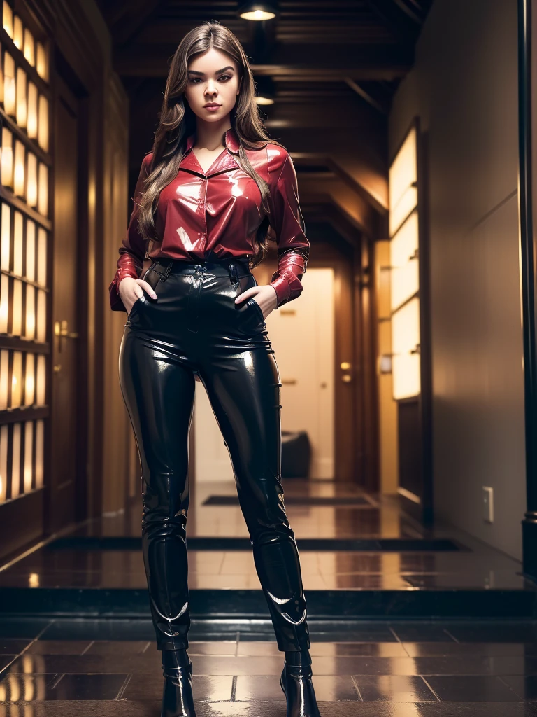 ( (Character: one Diplomat woman, Caucasian, brown eyes, long and straight brown hair, medium build) (Clothing: elegant blouse, red latex pants, polished shoes) (Pose: full body shot:1.7, Standing tall, one hand on the hip, confident) (Background:dark alley, intense lights in background, rain, red color scheme) (Style: ((Best quality)), ((masterpiece)), (face detailed), photo-realistic:1.3, hyperrealistic) )