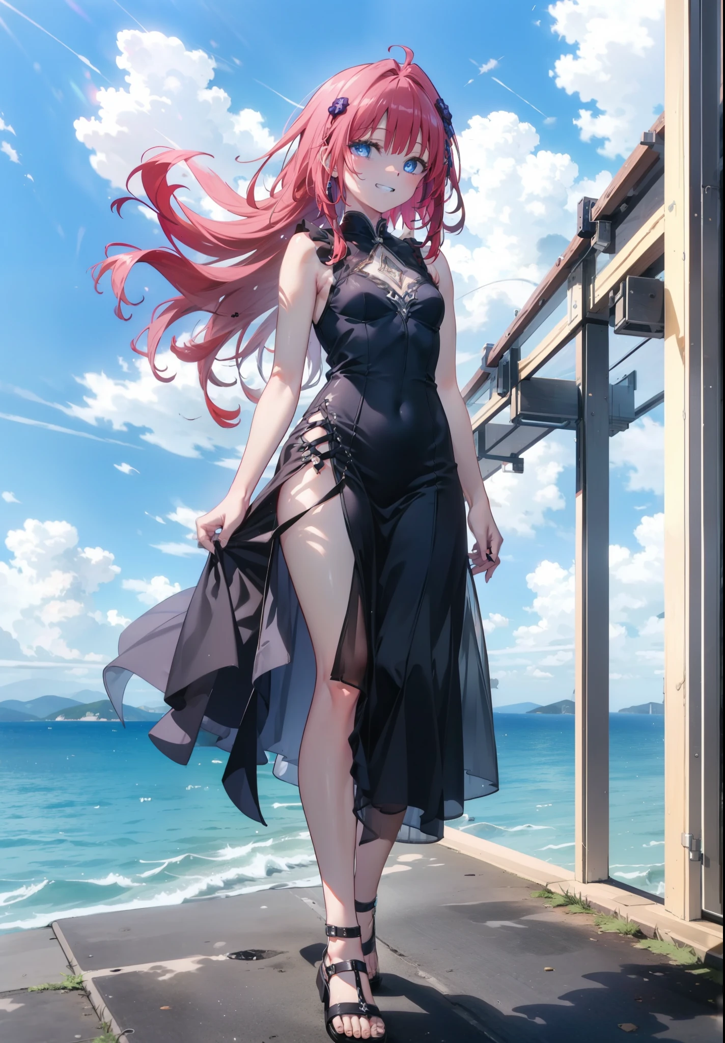(masterpiece, Highest quality:1.2),shape,8K,High resolution,say something,Redhead,Long Hair,Purple eyes,1 Girl,Grin,smile,sleeveless black dress,Bare arms,Black long skirt,Cute Sandals,walking,Daytime,Clear skies,
break looking at viewer,whole body,
break outdoors, Coastal Road,
break (masterpiece:1.2), Highest quality, High resolution, ユニティ 8K 壁紙, (shape:0.8), (Beautiful and beautiful eyes:1.6), Highly detailed face, Perfect lighting, Highly detailed CG, (Perfect hands, Perfect Anatomy),