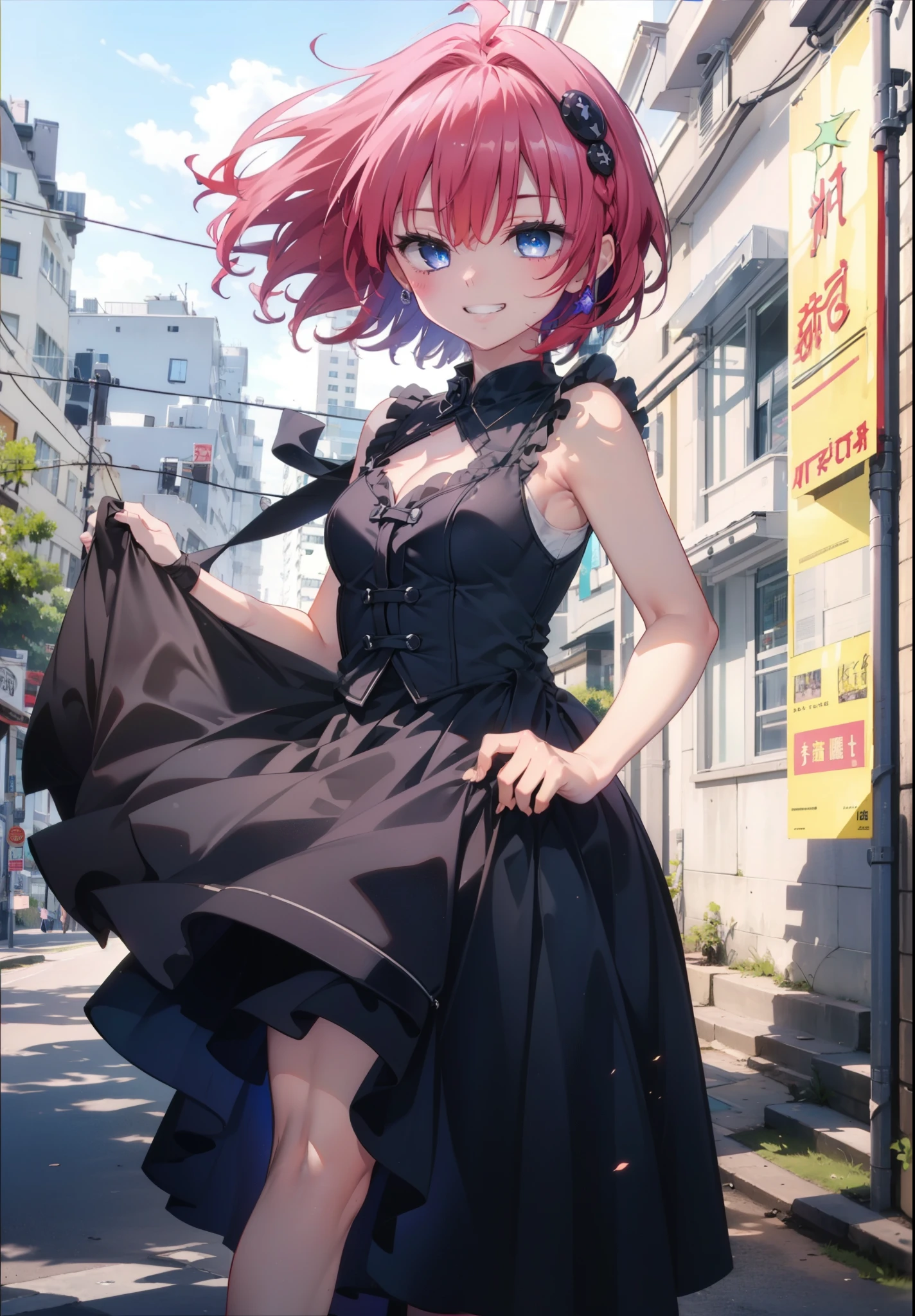 (masterpiece, Highest quality:1.2),shape,8K,High resolution,say something,Redhead,Long Hair,Purple eyes,1 Girl,Grin,smile,sleeveless black dress,Bare arms,Black long skirt,Cute Sandals,walking,Daytime,Clear skies,
break looking at viewer,whole body,
break outdoors, Coastal Road,
break (masterpiece:1.2), Highest quality, High resolution, ユニティ 8K 壁紙, (shape:0.8), (Beautiful and beautiful eyes:1.6), Highly detailed face, Perfect lighting, Highly detailed CG, (Perfect hands, Perfect Anatomy),