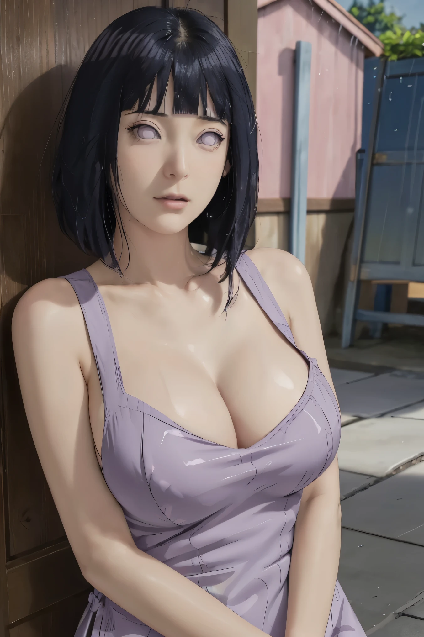 Made, absurderes, Hinata\(Boruto\), 1girll, Solo,Mature female, view the viewer,Perfectcomposition, Detailed lips, big breast, Beautiful face, body propotion, Blush, Long hair, Purple eyes, Soft Gaze, Sticky Liquid In the mouth, Sticky Liquid in the Breast, Super realistic, Detailed, photoshoot, Realistick faces and bodies，（perspire，Sweat a lot，Blushlush，Be red in the face，Blushlush），（Bigboobs），Outdoors，Stand at the door of the phone booth，natta，raining day, ((apron)), ((cleavage)), sideboob