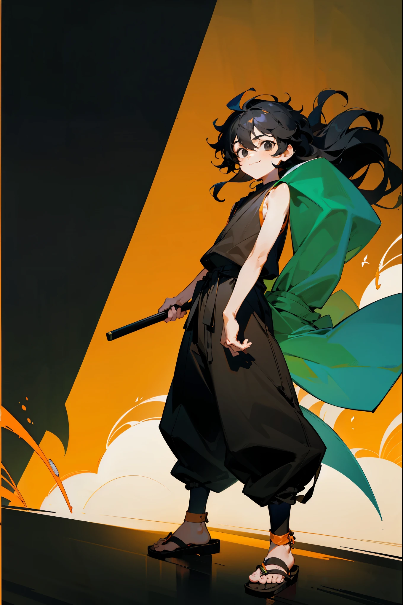 1male , Kid Male , Wavy Hair , Black Hair , Black Eyes , Happy Expression , Orange Sleeveless Yukata , Baggy Black Pants , Sandals , Martial Arts Clothing, Forest Background , Standing on path , Short