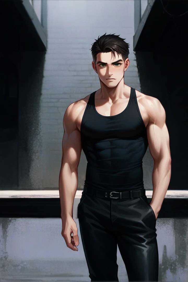a handsome anime man, muscular, wearing a black tight shirt, detailed facial features, detailed eyes, detailed lips, sharp jawline, well-defined muscles, veins, (best quality,4k,8k,highres,masterpiece:1.2),ultra-detailed,(realistic,photorealistic,photo-realistic:1.37),studio lighting,extreme detail description,professional,vivid colors,portrait,dramatic lighting, big chest