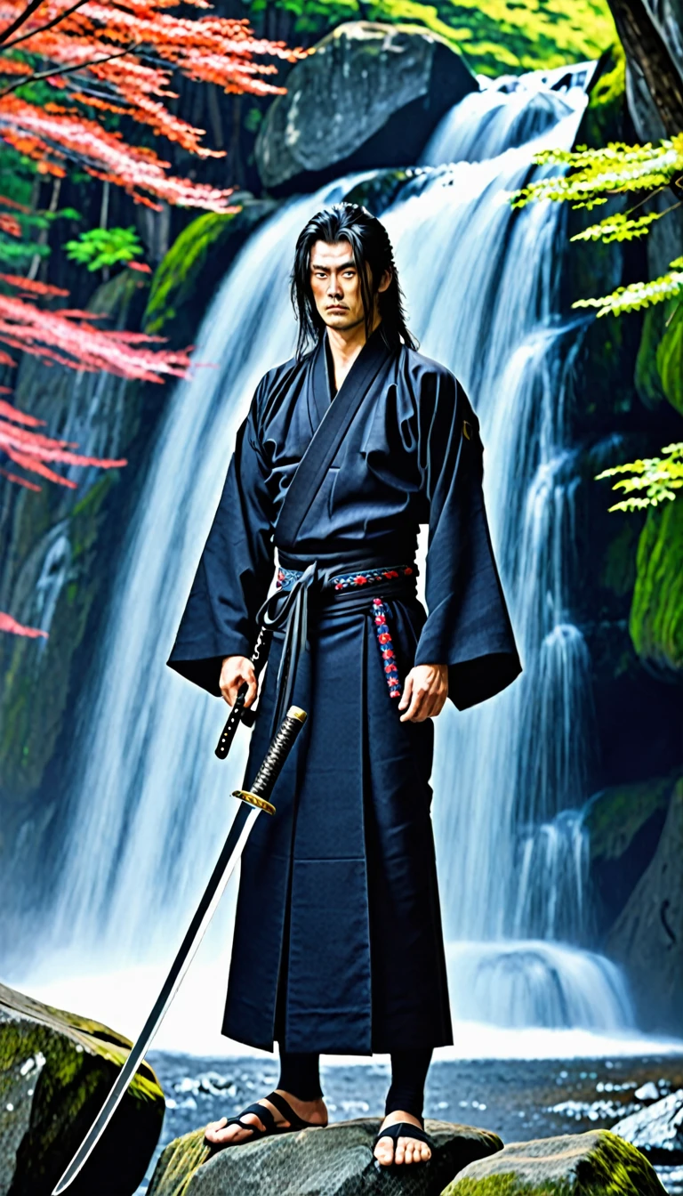1man standing, (draws Japanese sword from sheath at waist), (bluish black samurai kimono) (black hakama), adult male, long hair, /(black hair/) bangs, cool expression, (serious:0.5) , dignified, (best quality masterpiece :1.2) ultra-detailed fine illustrations, broad chest (holding (katana sword:1.2)), (gleaming blade), (holding sword sheath) BREAK (holy rocky area) outdoors, waterfall , Japan, daylight, detailed background