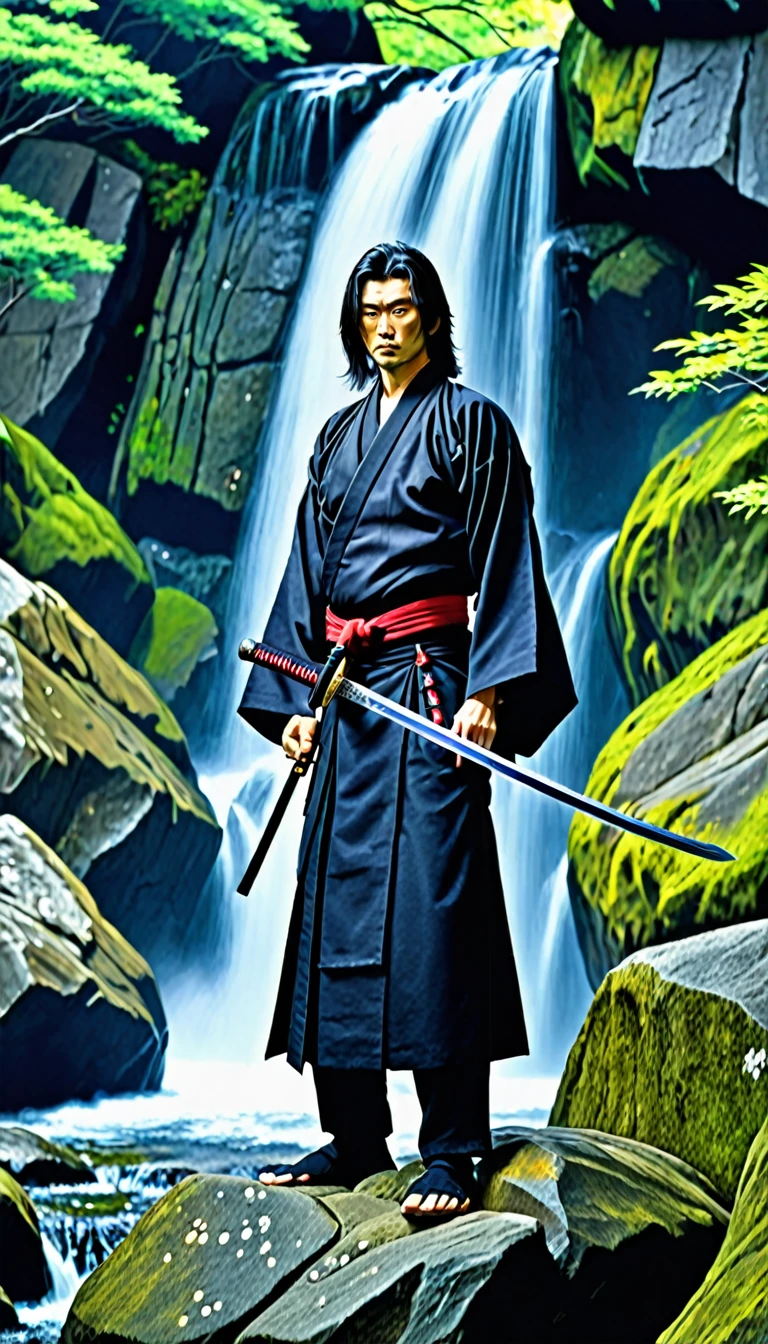 1man standing, (draws Japanese sword from sheath at waist), (bluish black samurai kimono) (black hakama), adult male, long hair, /(black hair/) bangs, cool expression, (serious:0.5) , dignified, (best quality masterpiece :1.2) ultra-detailed fine illustrations, broad chest (holding (katana sword:1.2)), (gleaming blade), (holding sword sheath) BREAK (holy rocky area) outdoors, waterfall , Japan, daylight, detailed background