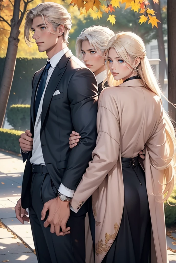 Tall, handsome, athletic, masculine, statuesque, young man-platinum blonde with blue eyes, tanned skin, long straight platinum hair, long bangs, he is wearing an expensive brand suit, cashmere brown coat, he hugs an incredibly beautiful young femme fatale blonde with long golden hair tied with a scarlet ribbon, She has blue eyes, long bangs, an autumn print dress, a pink coat. Romance. Park, sun, pond, love. They're holding hands. full-length image.