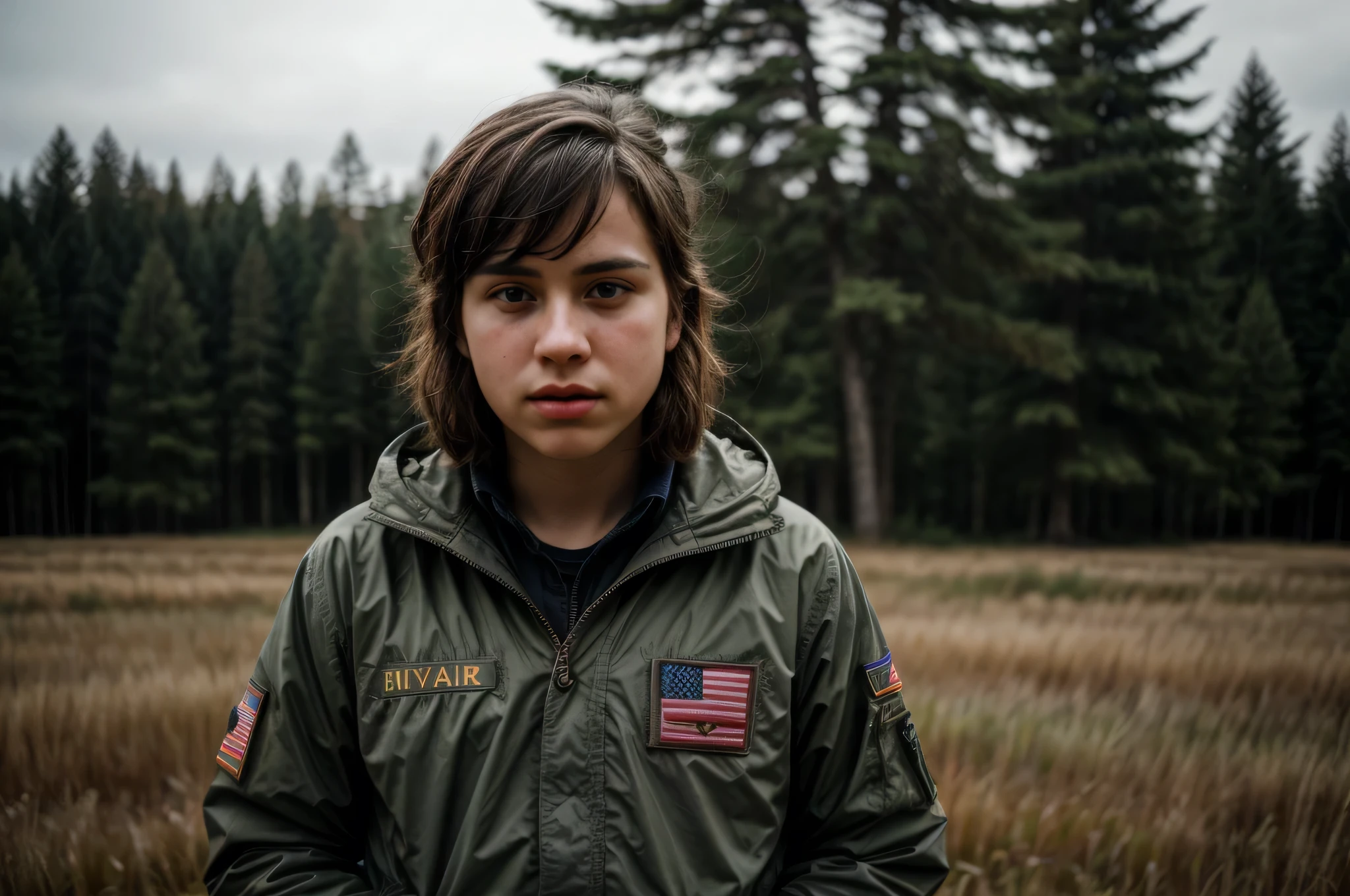 a young caucasian female, dressed as a boy scout, saluting the american flag during the pledge of allegiance, a blurred male figure playing a bugle in the background, a field, treeline of pacific northwestern forest in background (best quality,4k,8k,highres,masterpiece:1.2),ultra-detailed,(realistic,photorealistic,photo-realistic:1.37),cinematic lighting,dramatic colors,cinematic composition,intricate details,expressive pose,emotional expression,dramatic atmosphere,cinematic perspective, hyperrealistic