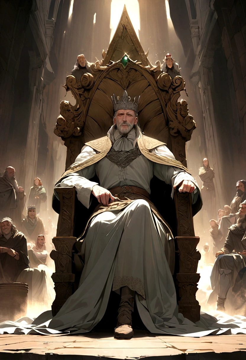 An old king sitting on his throne, mentally tormented、Celtic legends、Shakespeare&#39;s storybook world、