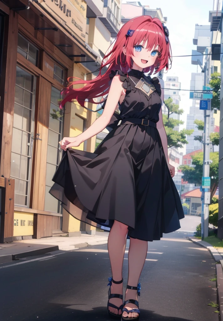 (masterpiece, Highest quality:1.2),shape,8K,High resolution,Say something happy smile, smile, Open your mouth,,Redhead,Long Hair,Purple eyes,1 Girl,sleeveless black dress,Bare arms,Black long skirt,Cute Sandals,walking,Daytime,Clear skies,
break looking at viewer,whole body,
break outdoors, Coastal Road,
break (masterpiece:1.2), Highest quality, High resolution, ユニティ 8K 壁紙, (shape:0.8), (Beautiful and beautiful eyes:1.6), Highly detailed face, Perfect lighting, Highly detailed CG, (Perfect hands, Perfect Anatomy),