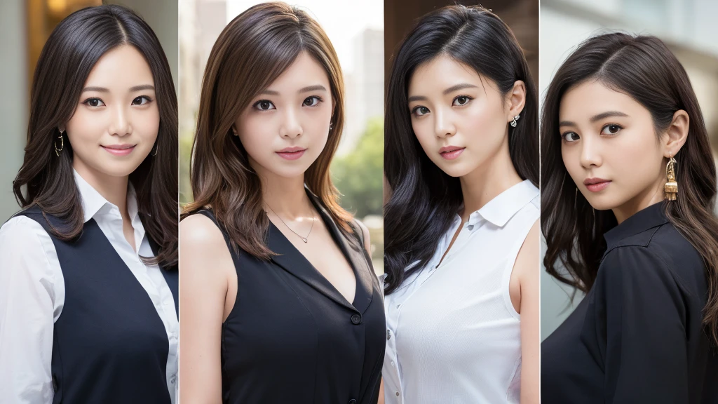 ((super high quality、High resolution、masterpiece、 Anatomically correct、Super detailed photos、Ultra-realistic photos、 Highest quality))、(3girls)、looking at viewer、studio lighting、(portrait))、(from front:1.2)、(big breast)、Small waist、Detailed face、Perfect figure、Three girls holding each other close、 ((Female announcer:1.2))、Television studio broadcasting the news、Cleavage、((news caster))、((sleeveless business shirt))、