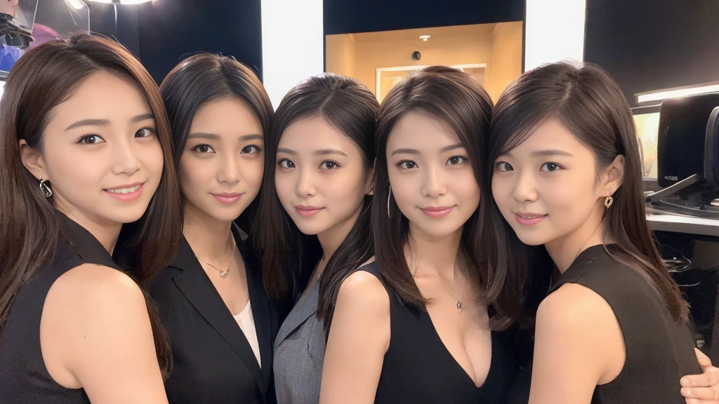 ((super high quality、High resolution、masterpiece、 Anatomically correct、Super detailed photos、Ultra-realistic photos、 Highest quality))、(3girls)、looking at viewer、studio lighting、(portrait))、(from front:1.2)、(big breast)、Small waist、Detailed face、Perfect figure、Three girls holding each other close、 ((Female announcer:1.2))、Television studio broadcasting the news、Cleavage、((news caster))、((sleeveless business shirt))、