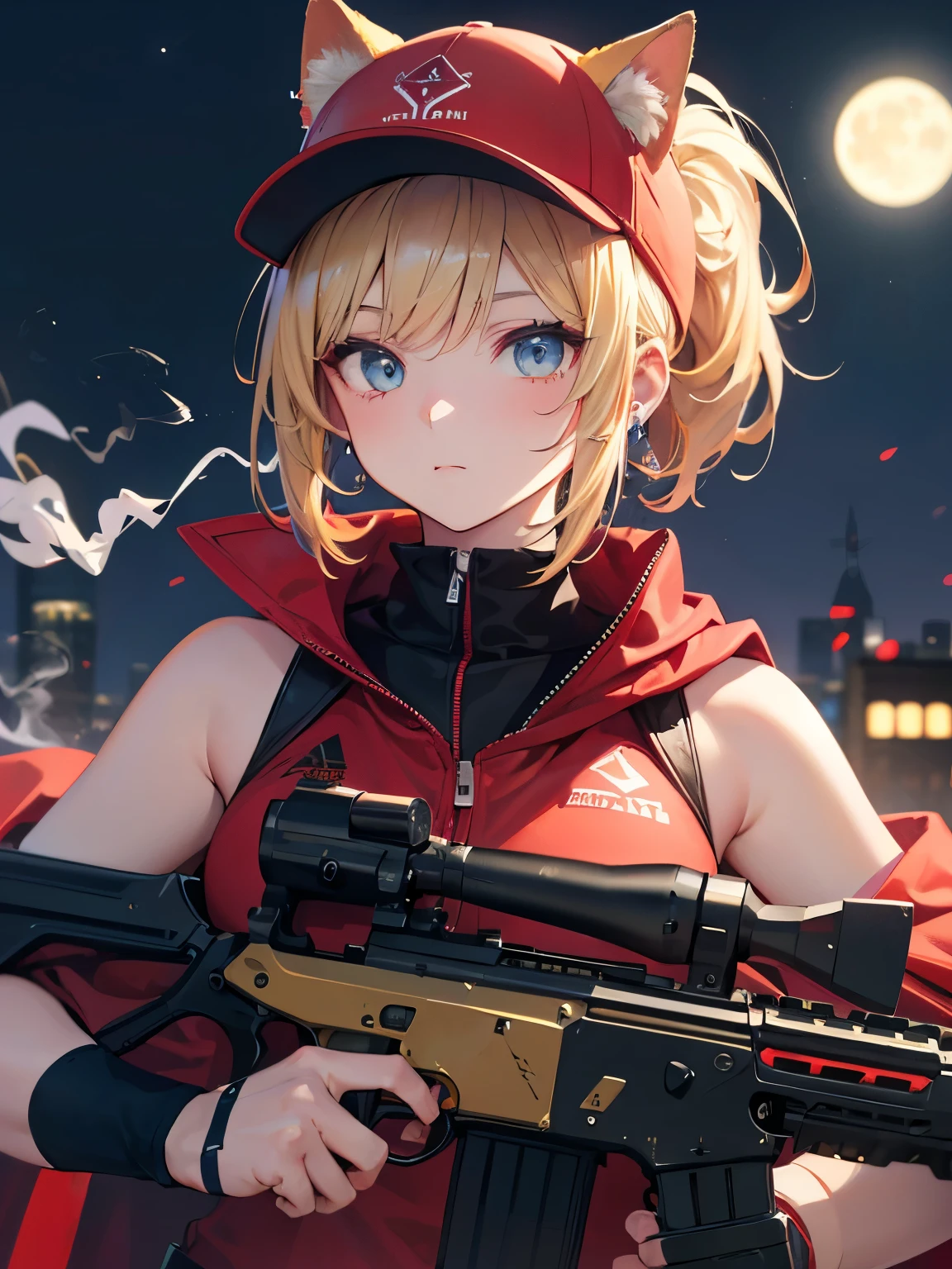 ((kalashnikov_rifle,assault_rifle ,holding_gun))  (((Blonde hair　short ponytail　Wear a cap)))　((cyber punk　Earrings　Smoke a cigarette  solo)),((Shining Moon　Shining Background)) ,((Cat ears)), ((Sleeveless)),((Wine Red Baseball Cap)),((Wearing a wine red baseball uniform))、((Red Cape))、Pale blue eyes ,upper body,(Best Quality, 8k, Oil painting, Mastepiece:1.2), Super detailed, (Realism, It&#39;s photorealistic:1.37), 