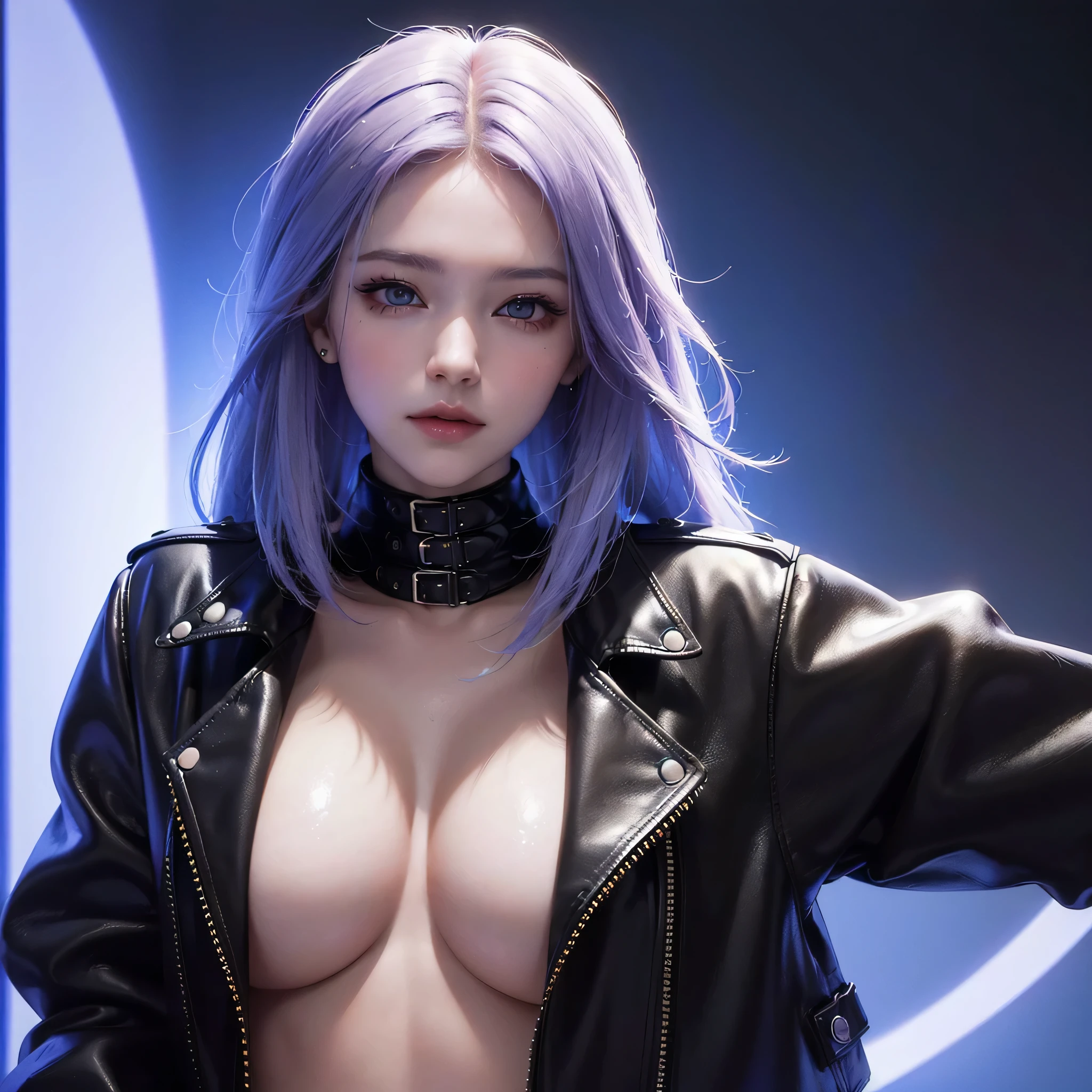 (Best Quality, Masterpiece, Ultra High Definition, High resolution, highly detailed, High Definition Face:1.5), 20-year-old woman, 1 beautiful woman, (Beautiful woman wearing a leather jacket, neon color fashion:1.2), beautiful eyes, light in the eyes, eyes are in focus, white skin, Glossy, shiny skin, very Fair skin, (film photography style, Background neon light, City of night, cyber punk:1.2), violently fluttering hair, random hair styles, random hair color, Slim, Big Breasts