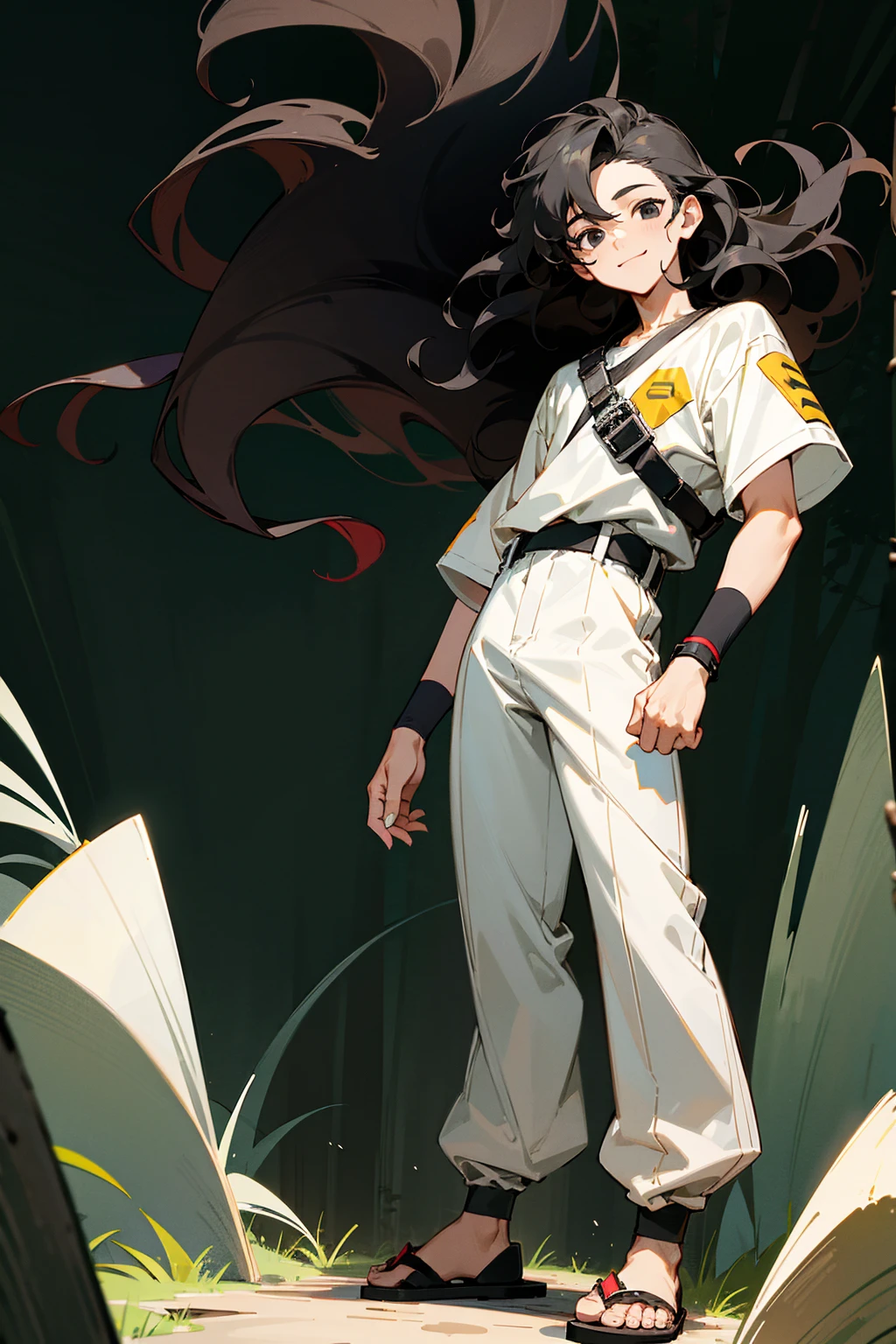 1male , Young Male , Wavy Hair , Black Hair , Black Eyes , Happy Expression , Black Wristbands , Baggy White Pants , Sandals , Black Compression Shirt , Forest Background , Standing on path , Short