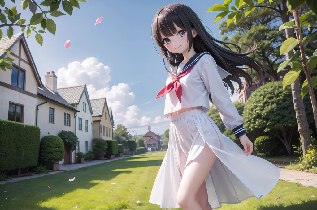 (masterpiece), town, blue sky, One Girl, smile, alone, Sailor suit、Long skirt, Overgrown, petal, plant、Skirt lining、Translucent slip、Nostalgic、Strong winds、Skirt fluttering in the wind