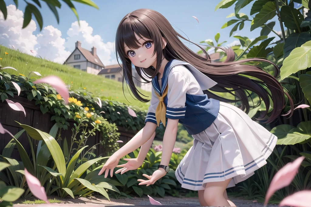 (masterpiece), town, blue sky, One Girl, smile, alone, Sailor suit、Long skirt, Overgrown, petal, plant、Skirt lining、Translucent slip、Nostalgic、Strong winds、Skirt fluttering in the wind