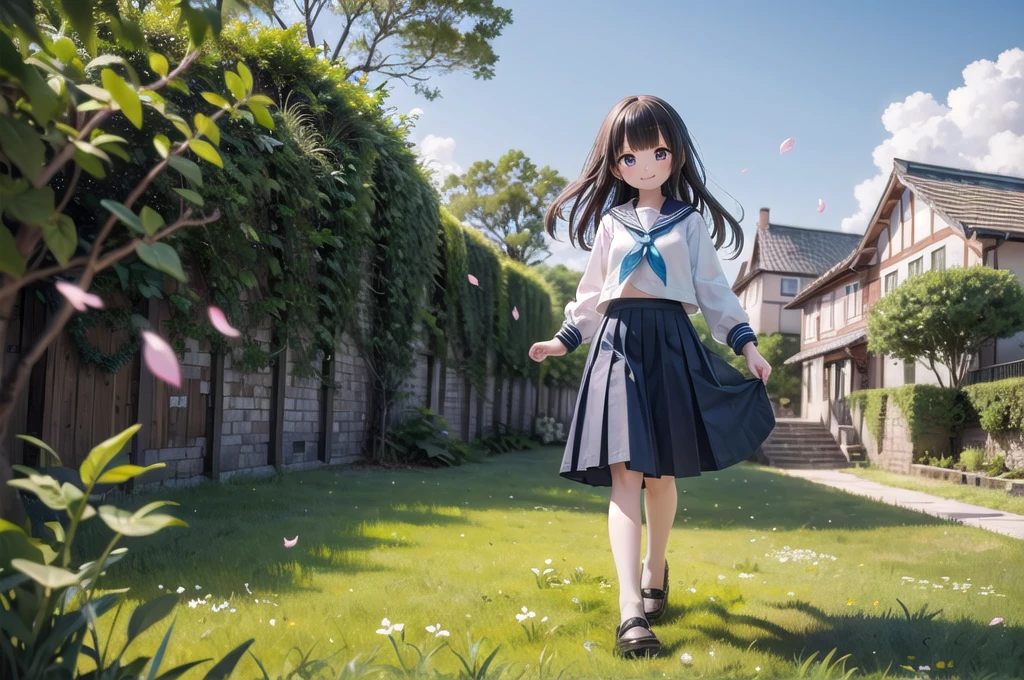 (masterpiece),  town,  blue sky,  One Girl,  smile,  alone,  Sailor suit、Long skirt,  Overgrown,  petal,  plant、Skirt lining、Translucent slip、Nostalgic、Strong winds、Skirt fluttering in the wind