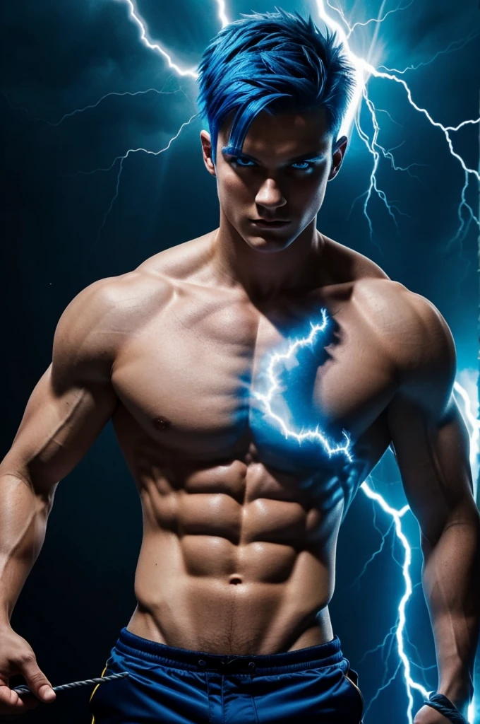 Boy with blue fire hair, and with rays of lightning, with blue eyes, dark blue dark circles, body muscles, that goes very fast like lightning
