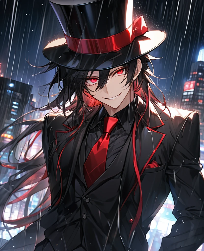 (black_hair), (Ruby_eyes), (detailed_eyes), (crazy_smile), (attractive), (night_city_background), (raining), (glowing_eyes), (male), (wearing _a_black_suit), (long_male_hair), (detailed_Hair), (detailed), (detailed_mouth), (broad_shoulders), wears a black top hat with a red ribbon edged trim,