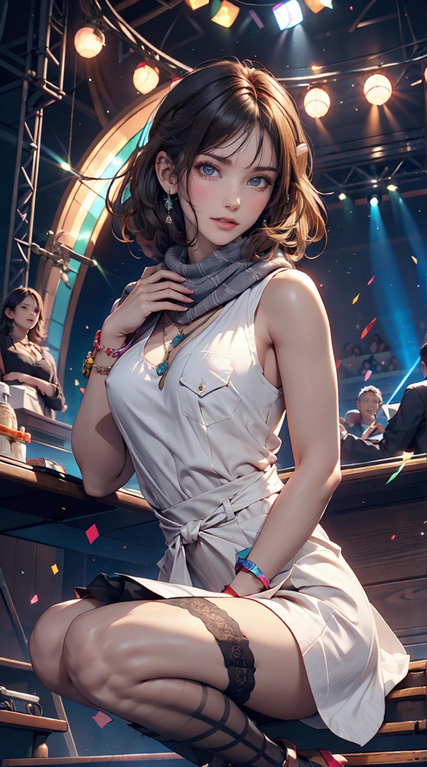 24-year-old woman、Sexy proportions、Sexy、Narrow waist、Attach a necklace、Wear accessories on your wrist、Natural curls((wavy hair))、Shortcuts((short hair))、hair scarf((hair scarf))、Rainbow Hair((rainbow hair))、Mini Charleston Dress((Charleston dress))wear、Wearing stockings、Wear stiletto heels、Concert Stage、In the spotlight
