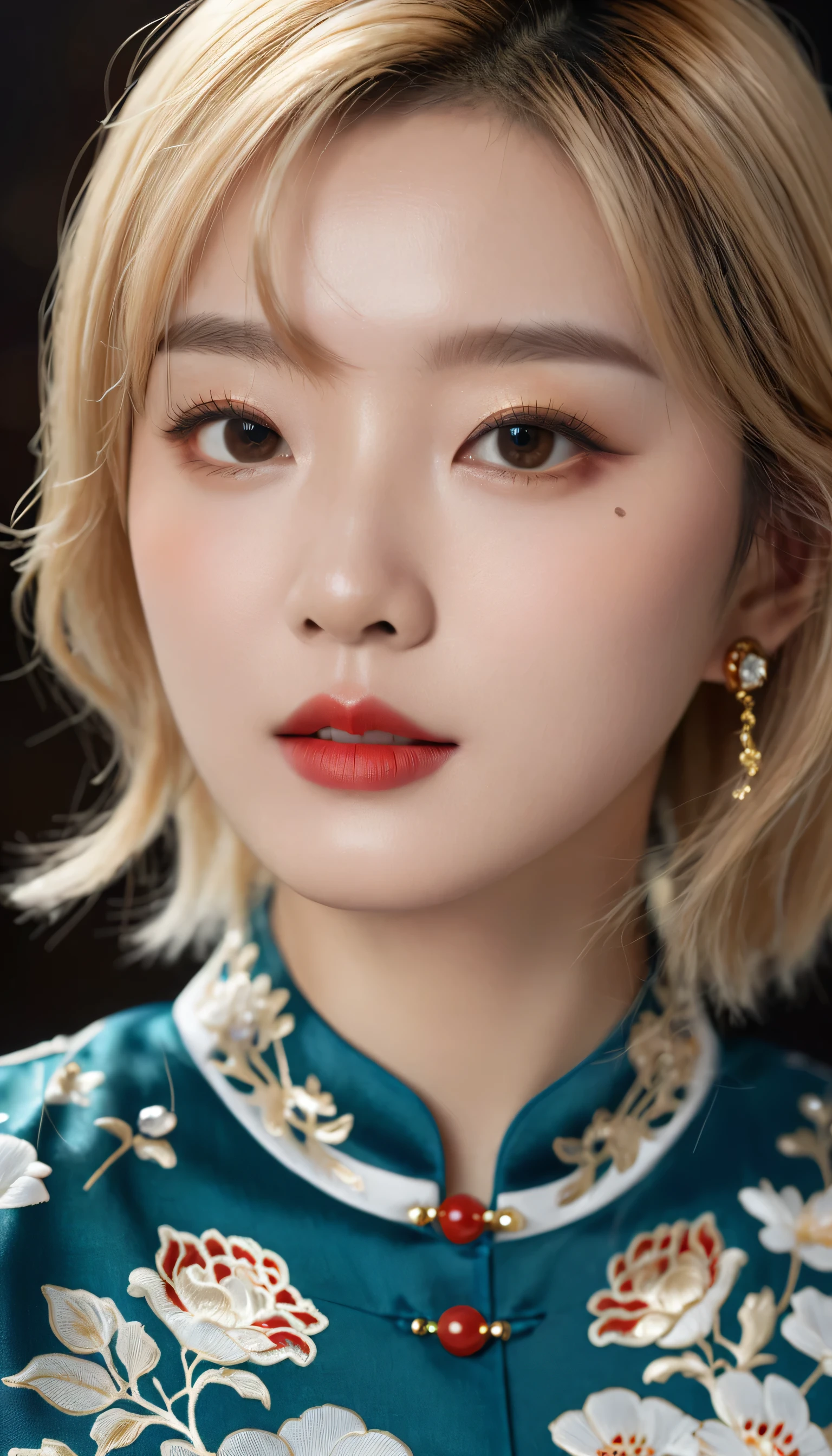best quality, masterpiece, high resolution, 1 Girl,cheongsam,Hair accessories,necklace, Jewelry,Pretty Face,Above_Body, Tyndall effect,Reality, Dark Studio, Rim Light, Two-tone lighting,(High Detail Skin:1.2), 8K uhd, Digital SLR Camera, Soft lighting, high quality, Volumetric Lighting, frank, photo, high resolution, 4K, 8K, Bokeh, Blonde hair,