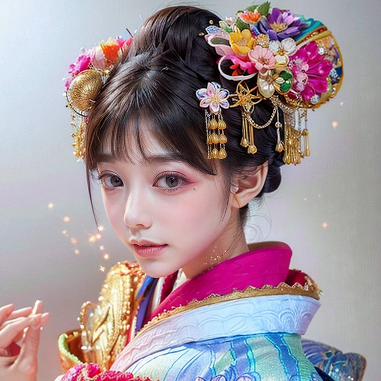 (PUNIPUNI clavicle KIMONO ((offshoulder)) KANZASHI FlowerHairpins Topknot TwinBun Oiran-Hair)High-level, 8K Masterpiece TopQuality, Ultra-detailed CG, Absurd detailed wallpaper, PerfectLighting, Extremely detailed (((Personifying " OIRAN " as a KAWAII Girl))), Characteristic Items, aesthetic LifeLike Rendering, MysticSight, Haze Tyndall Scattering, (Studio GRAY Background with (Oodles Dazzling Iridescent 🌈Particles (BokeH))), (((Assfocus)) RoundlyButt) ThighGap, (Exposed:0.44) 🔞 BREAK (Acutance:0.8), (NOGIZAKA FaceVariations) Extremely Detailed very KAWAII FaceVariations, Childish CaptivatingGaze ElaboratePupils ParfectEyes with (SparklingHighlights:1.28), (Voluminous LongEyelashes:0.88), 💄💋✨ GlossyRedLips with BeautifulDetails, CoquettishTongue, PUNIPUNI RosyCheeks, Radiant PearlSkin with Transparency, Glowing DowneyHair . { (Dynamic LifeLike expressions:1.4) | (:d) }, (large eyes:-1) .