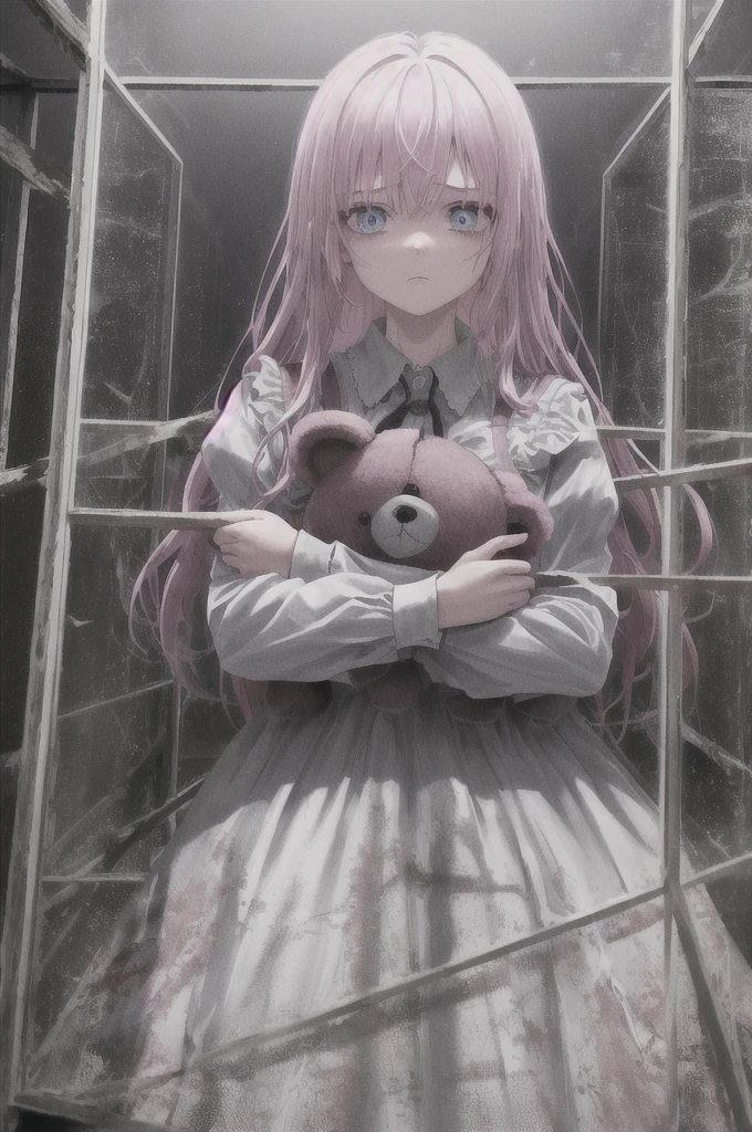 1girl, pink hair, blue eyes, (cowboy_shot:1.2), face focus, long hair, sidelocks, scared,(terrified:1.1) expression, holding teddy bear, atmospheric lighting, moody, darkness, in an old abandoned museum, transparent glass display cases filled with interesting objects, dusty, post-apocalypse, cobwebs, superb, beautiful 8k wallpaper, extremely detailed, intricate