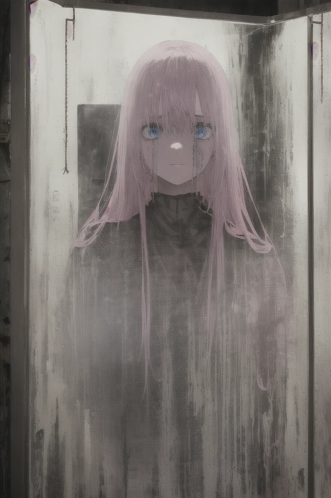1girl, pink hair, blue eyes, (cowboy_shot:1.2), face focus, long hair, sidelocks, scared,(terrified:1.1) expression, holding teddy bear, atmospheric lighting, moody, darkness, in an old abandoned museum, transparent glass display cases filled with interesting objects, dusty, post-apocalypse, cobwebs, superb, beautiful 8k wallpaper, extremely detailed, intricate