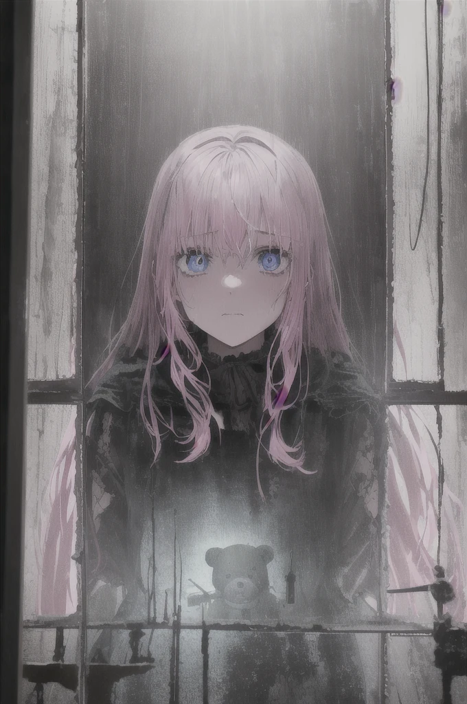 1girl, pink hair, blue eyes, (cowboy_shot:1.2), face focus, long hair, sidelocks, scared,(terrified:1.1) expression, holding teddy bear, atmospheric lighting, moody, darkness, in an old abandoned museum, transparent glass display cases filled with interesting objects, dusty, post-apocalypse, cobwebs, superb, beautiful 8k wallpaper, extremely detailed, intricate