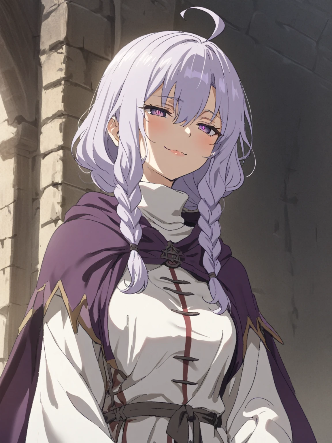 {{upper body}} {{Artist: sincos}} 1girl, solo, lavender hair, purple eyes, medium hair, purple cape, white robe, intrincate detail, medium breasts, smile, half-closed eyes, tsurime, white mage, baggy clothes, long sleeves, hair between eyes, asymmetrical bangs, white turtleneck, sharp pupils, ahoge, solo, braided sidelocks, high collar, lips, adult woman, pov, medieval fantasy.