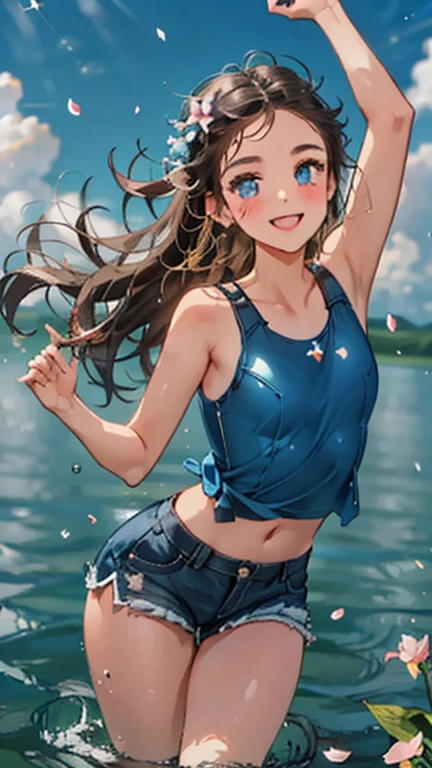 blue sky、1 Girl、Long-term focus、Configuration with depth、Drinking water in plastic bottles、 Cumulonimbus、Outdoor、alone、Have、(petals dance)、grassland、leaf、blue sky、petal、Are standing、Tank top shirt、Shorts、Crescent Moon、(shape)、Many flower stars、Highest quality、Beautiful Face、Detailed Description、smile、