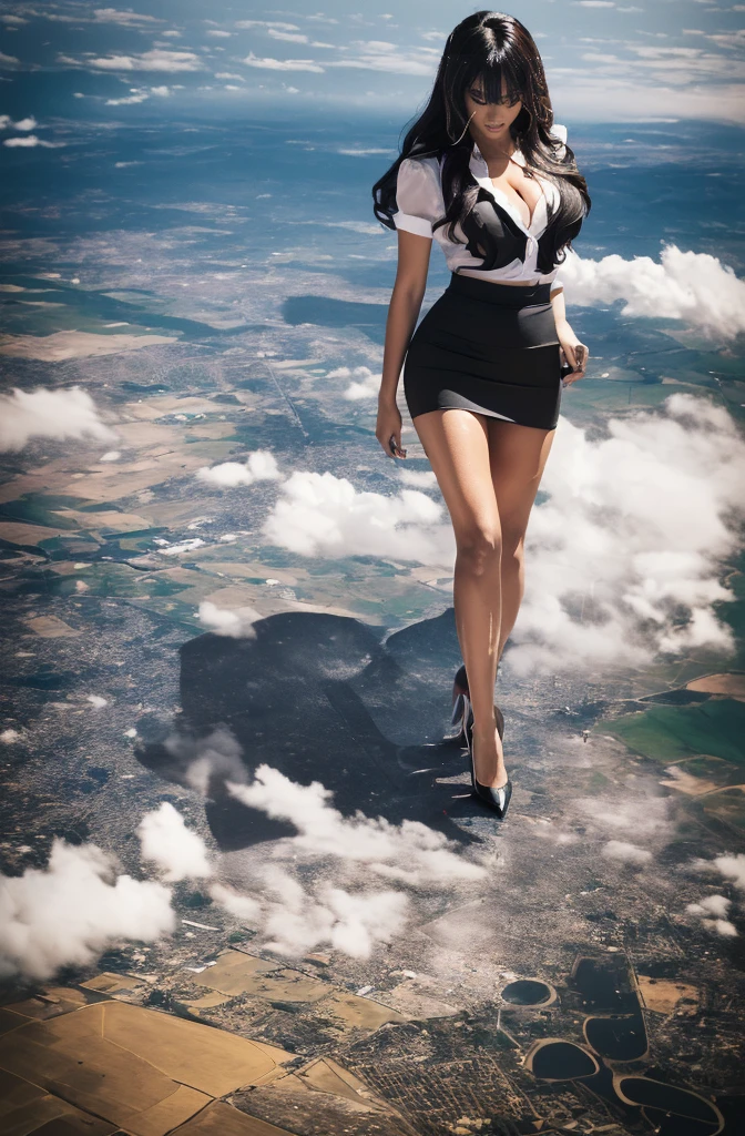 Beyonce, (masterpiece, best quality, best shadows, best shading, perfect hands, perfect face, cinematic lighting, colorful, ultra-detailed, beautiful photography, character focus, extremely-detailed, photorealistic, hyper photorealism, atmospheric), (rural destruction:1.2), (giantess, stereotypical office worker), (dirty, filthy, unwashed, sweaty, unkempt, angry, tired, exhausted, annoyed), (walking, mid stride, stepping down on, stomping, crush, rampage), (black patent Louboutin pointed toe pumps, high heels, stiletto heels), ((revealing crisp white blouse, short black pencil skirt)), (long straight hair with front bangs), (high altitude photography, satellite view), (exposed cleavage, heaving bosom, legs), (urban sprawl, farmland and small towns, destruction, buildings, roads), (cloudy, overcast, clouds and atmosphere partly obscuring the subject, hazy atmosphere, haze in foreground, wispy clouds)