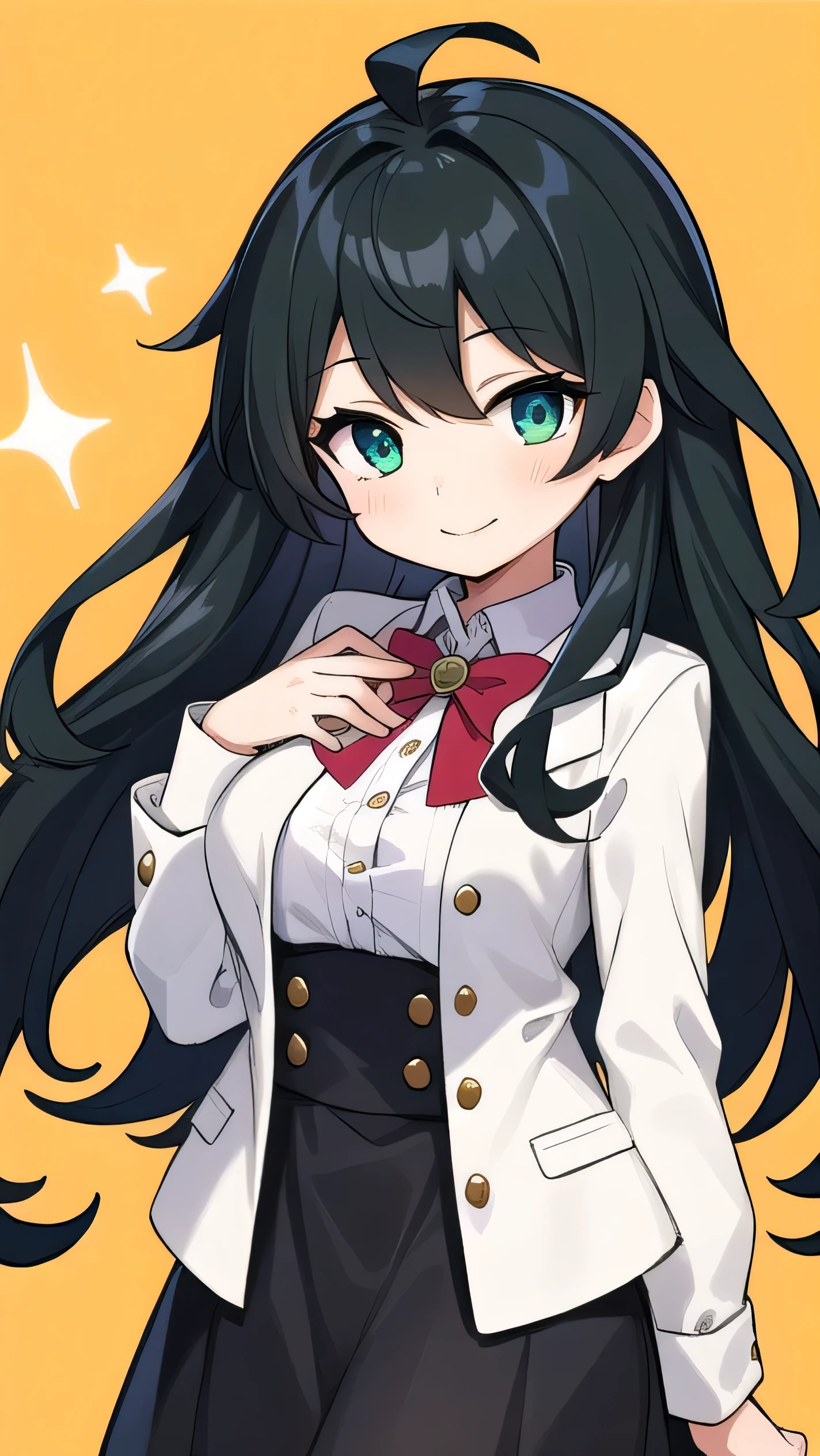 high schoolooks like an elementary school st short, 140 cm tall, black slight green tinge, short ahoge, beautiful long hair but with a little hair sticking out, beautiful round eyes, blue eyes, smile, boyish, long sleeves, Thick clothes, skirt, big breasts, hair longer than waist, long hair, childish face, gentle smile, a little shy, black skirt, black hair with a slight green tinge, boyish, gentle smile, jacket one size larger, ( Deep greenish black hair: 1.3)