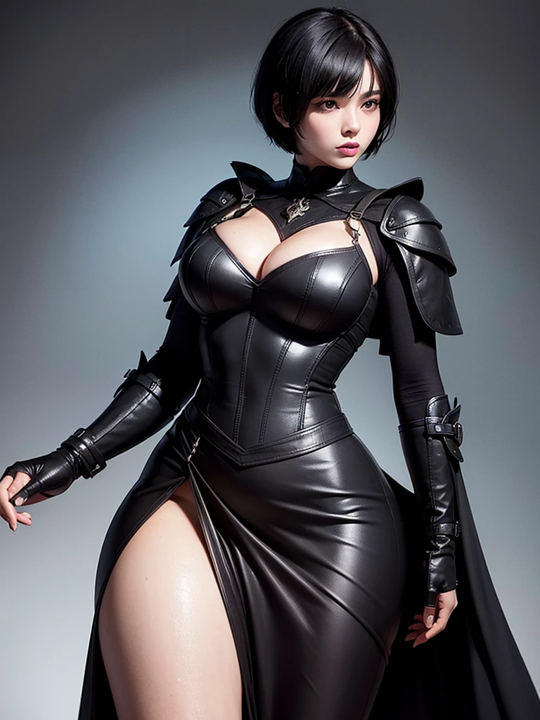 woman with short black hair, young woman with dark eyes, black medieval clothing, curvy body