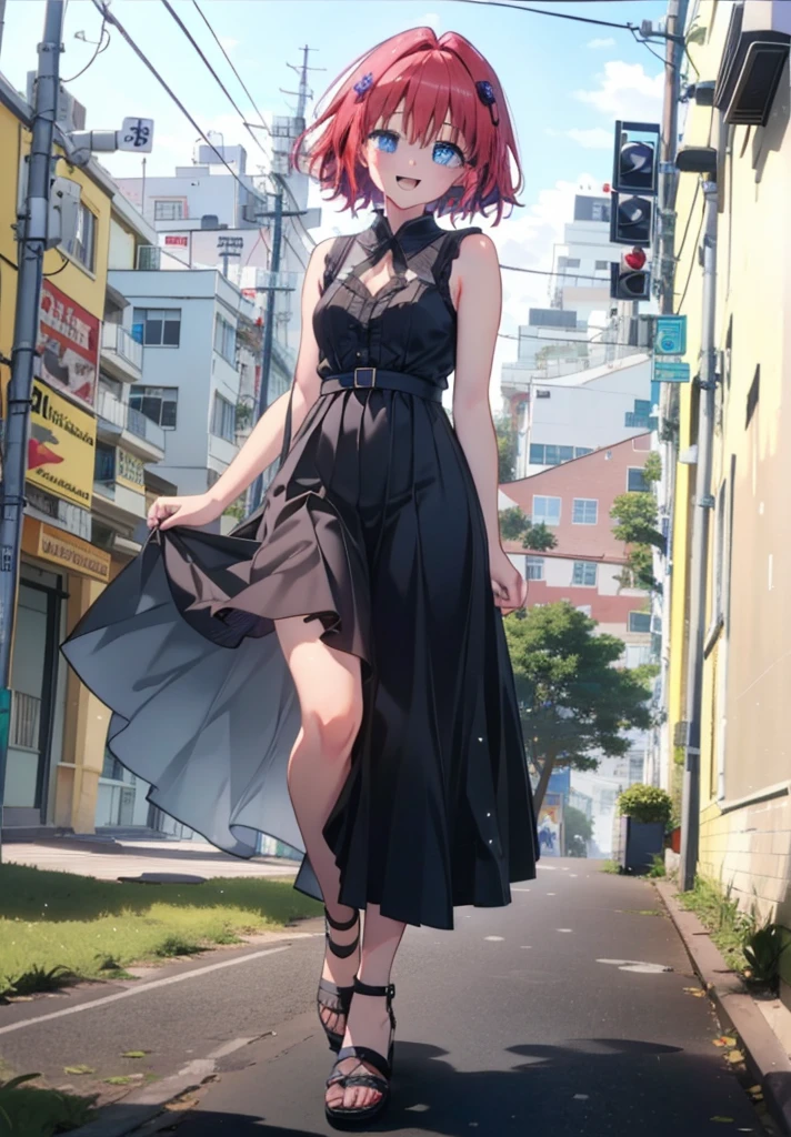 (masterpiece, Highest quality:1.2),shape,8K,High resolution,Say something happy smile, smile, Open your mouth,,Redhead,Long Hair,Purple eyes,1 Girl,sleeveless black dress,Bare arms,Black long skirt,Cute Sandals,walking,Daytime,Clear skies,
break looking at viewer,whole body,
break outdoors, Coastal Road,
break (masterpiece:1.2), Highest quality, High resolution, ユニティ 8K 壁紙, (shape:0.8), (Beautiful and beautiful eyes:1.6), Highly detailed face, Perfect lighting, Highly detailed CG, (Perfect hands, Perfect Anatomy),