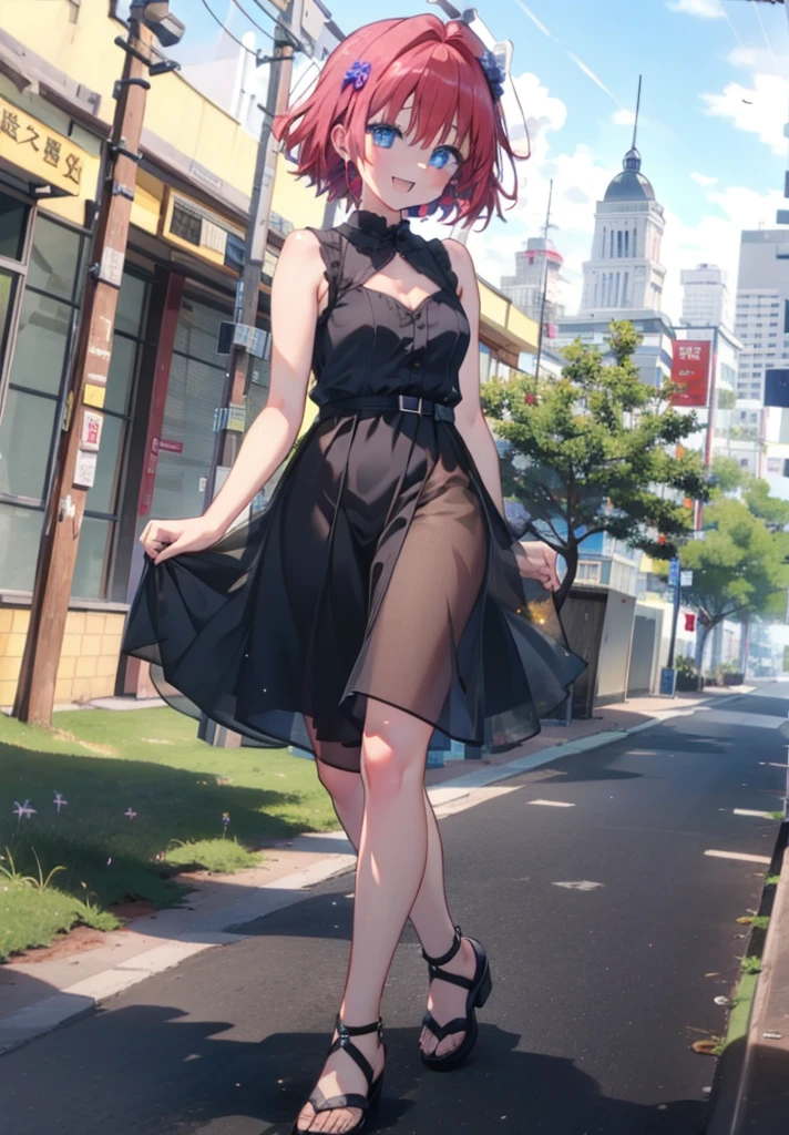 (masterpiece, Highest quality:1.2),shape,8K,High resolution,Say something happy smile, smile, Open your mouth,,Redhead,Long Hair,Purple eyes,1 Girl,sleeveless black dress,Bare arms,Black long skirt,Cute Sandals,walking,Daytime,Clear skies,
break looking at viewer,whole body,
break outdoors, Coastal Road,
break (masterpiece:1.2), Highest quality, High resolution, ユニティ 8K 壁紙, (shape:0.8), (Beautiful and beautiful eyes:1.6), Highly detailed face, Perfect lighting, Highly detailed CG, (Perfect hands, Perfect Anatomy),