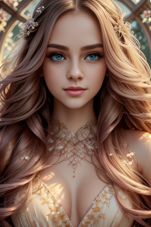 a beautiful fairy girl, extremely detailed eyes and face, long eyelashes, flowing hair, delicate features, elegant dress, ethereal and whimsical expression, glowing aura, forest background with flowers and butterflies, (best quality,4k,8k,highres,masterpiece:1.2),ultra-detailed,(realistic,photorealistic,photo-realistic:1.37),fantasy,intricate details,vibrant colors,dramatic lighting