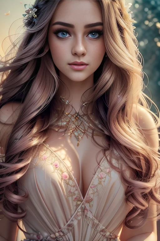 a girly girl, cute girl, 1girl, beautiful detailed eyes, beautiful detailed lips, extremely detailed eyes and face, long eyelashes, long flowing hair, adorable, pink dress, floral patterns, petals, fairy tale, fantasy, ethereal, glowing, golden hour lighting, soft lighting, pastel color palette, dreamy, whimsical, elegant, highly detailed, masterpiece, photorealistic