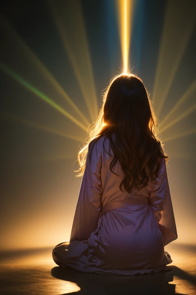 A mystical scene of a person bathed in divine light. A figure with long, wavy hair sits cross-legged in meditation, wearing a flowing purple robe. Their back is to the viewer. Above them, a brilliant, radiant light source emanates beams of golden and rainbow-hued light. The light forms a circular aura, with rays stretching down to envelop the person. The background is dark, enhancing the contrast with the luminous apparition. The overall atmosphere is one of spiritual awakening, transcendence, and connection to a higher power.
