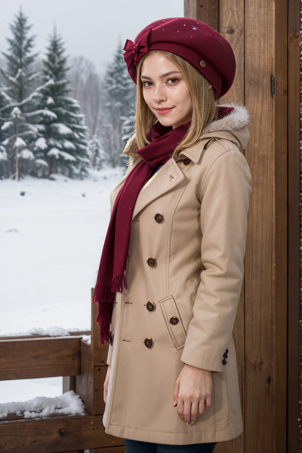 masterpiece, best quality, highres, aalamb, short hair, hair bow, red bow, beret, pink headwear, red eyes, winter clothes, scarf, snow, coat, upper body, smirk, forest