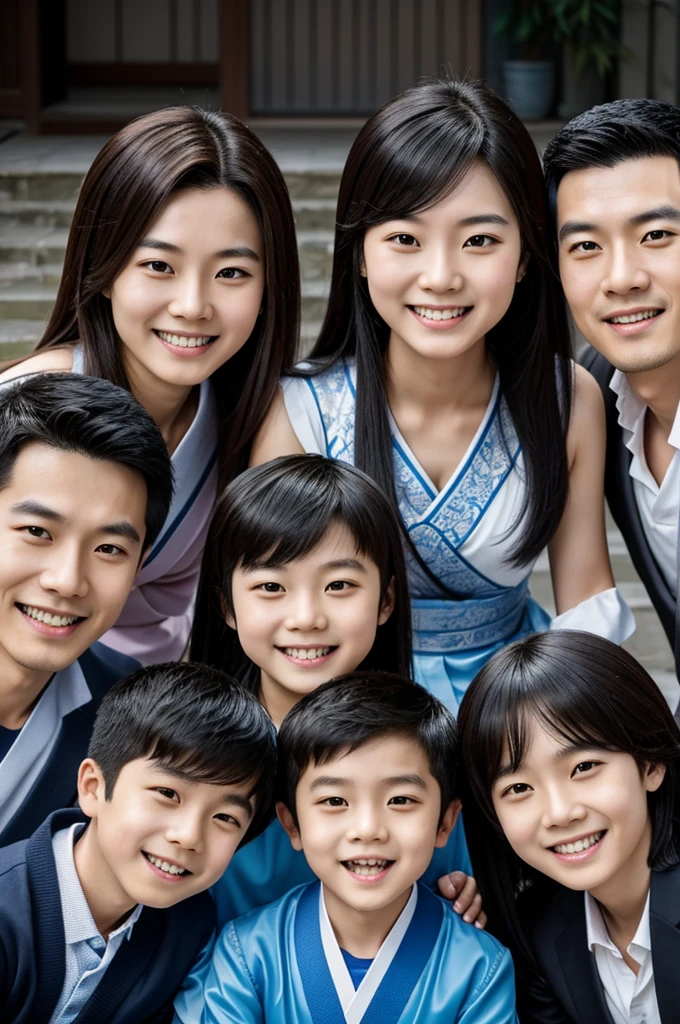 Draw a family portrait of me, Xiao Gong and our three children，Xiao Gong is a character from a game called Genshin Impact, who has a cheerful and lively personality.，Please draw a picture with the second dimension as the photo