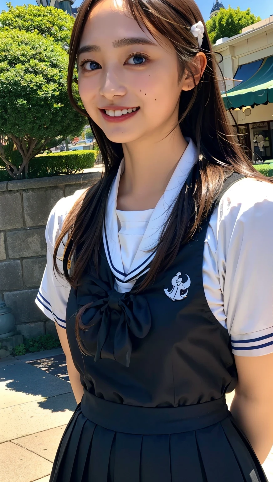 (((upper body shot))),Ultra-high resolution,big eyes,((brown eyes)),Japanese,(forehead),(a girl),(1 girl),(()),(cute),pretty,((facing at viewer)),arms behind back,grin,(((black school sailor uniform))),pleated skirt,(((disney land)))