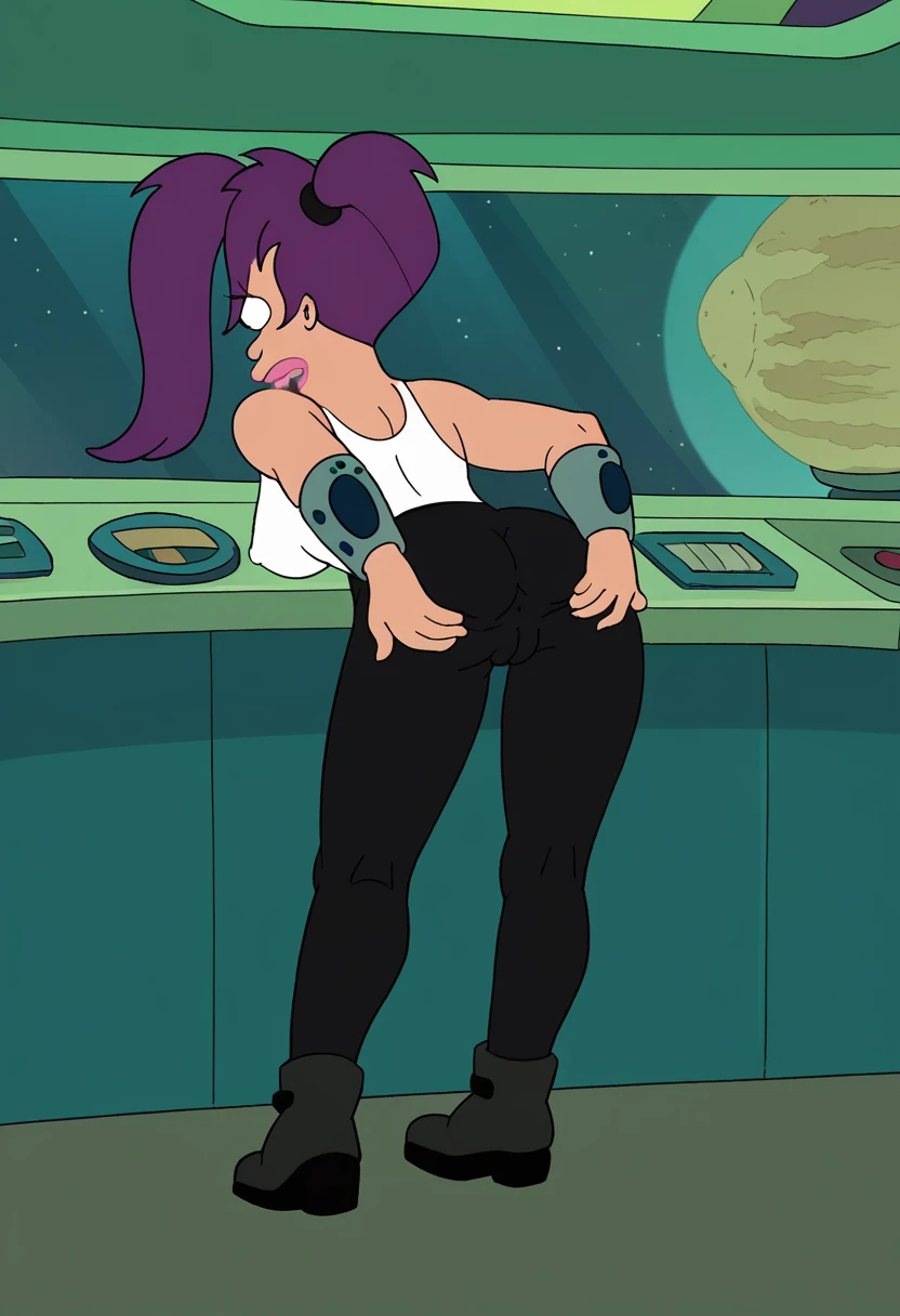score_9, score_8_up, score_7_up, zPDXL, Leela, purple hair, one-eyed, cyclops, circle eyes, overbite, dot pupil, source_cartoon, futuramastyle, 1girl, solo, long hair, ponytail, makeup, parody, lipstick, interior spacecraftfull body, in space ship, by captain chair, ass, back view, bending over, covered nipples, black pants, spread ass, cameltoe, smiling,