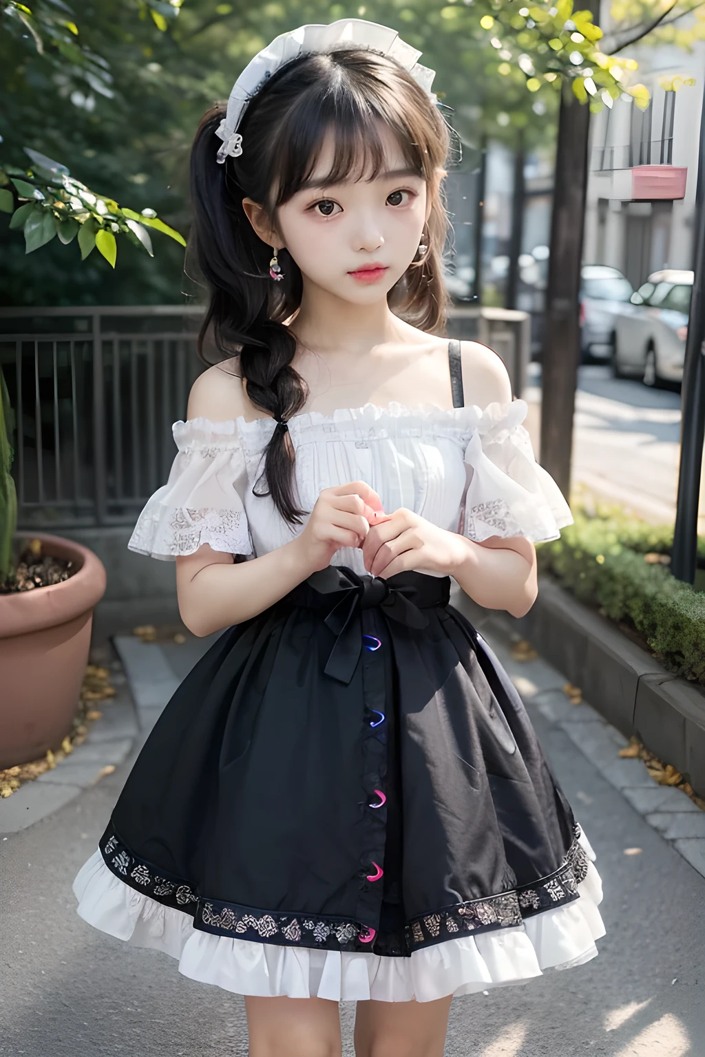 Top image quality, Raw photography, A high Resolution, 7 yo, hairstyles, hair pin, flat chest, pink, camisole, skirt, Shiny hai backyard background