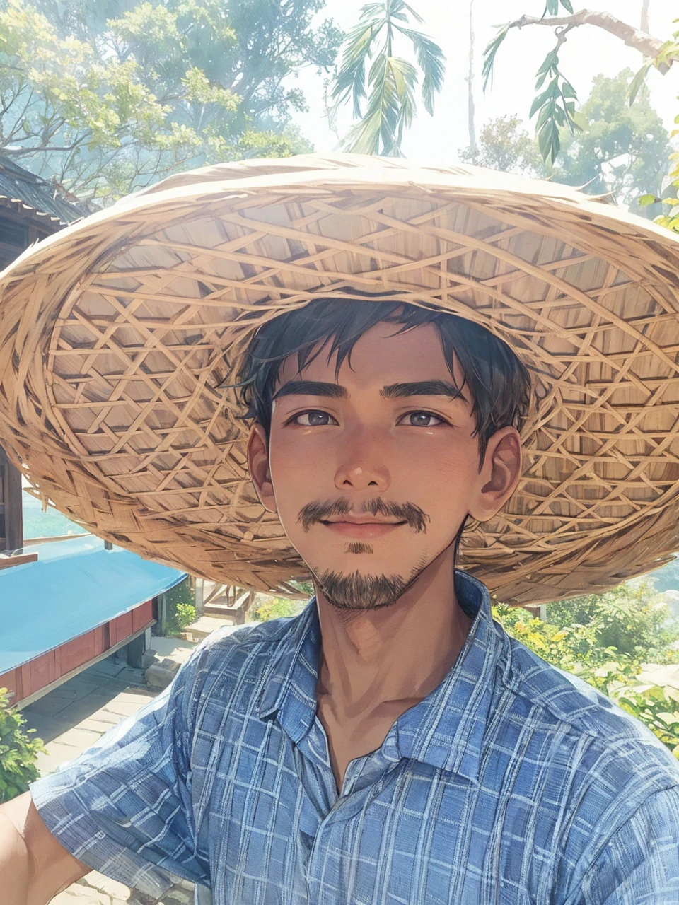 Village asian boy with a straw hat fair face and without beard. Beautiful landscapes, blue sky scenery. Shirt colour brown